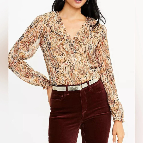 Loft Shimmer Paisley Ruffle V-Neck Blouse Sz XL - Picture 1 of 12